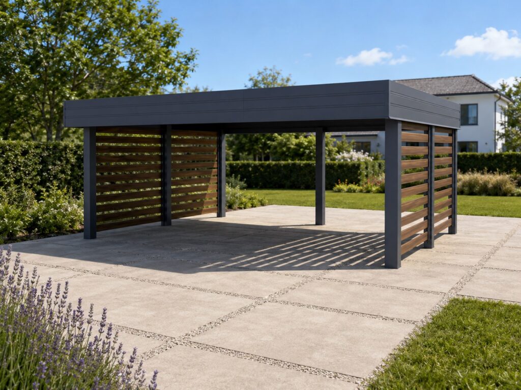 Carport med sidebeklædning i trælook, reference fra Profit Port