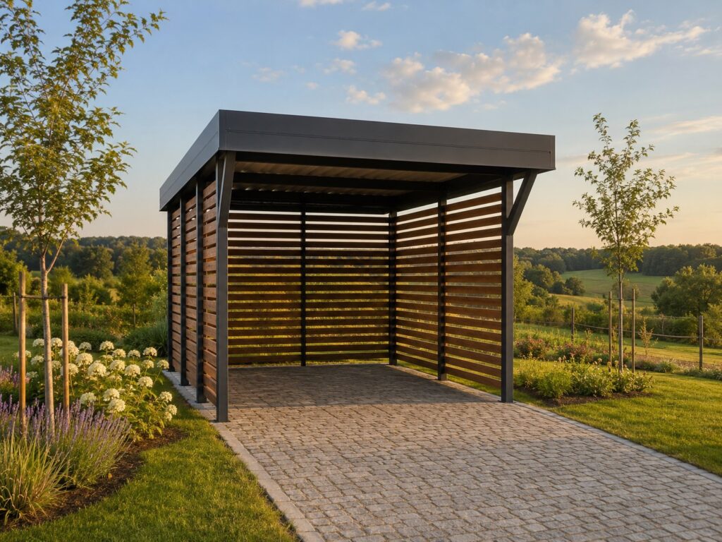 Enkelt carport i trælook, reference fra Profit Port