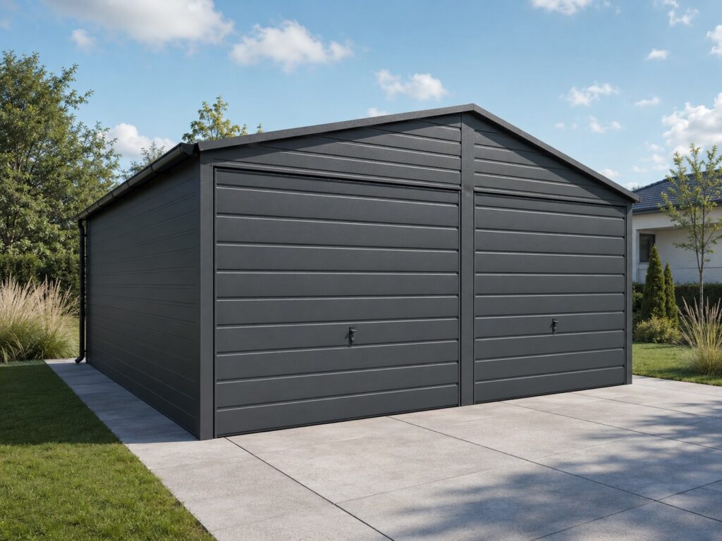 Dobbelt stålgarage i grafitgrå, reference fra Profit Port