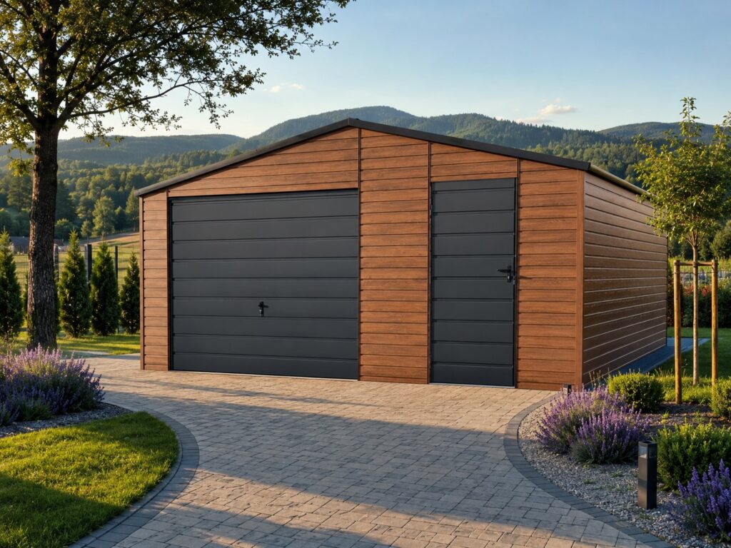 Stålgarage i trælook med sidedør, reference fra Profit Port
