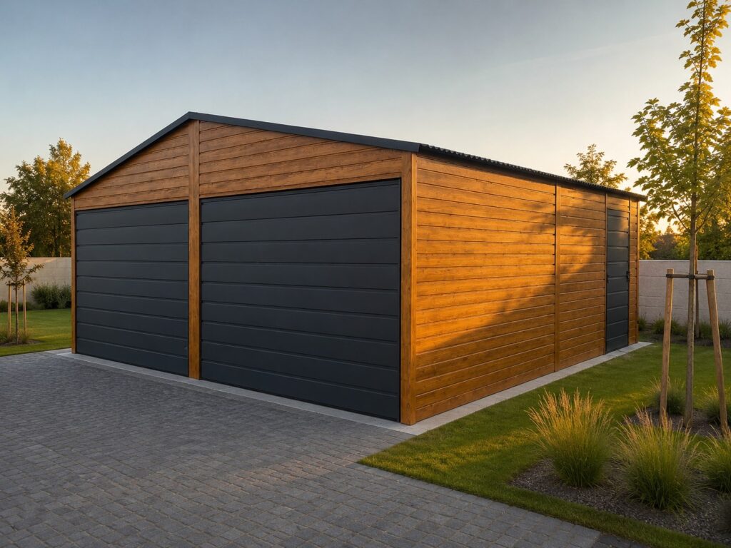 Stålgarage i trælook med grafitgrå porte, reference fra Profit Port