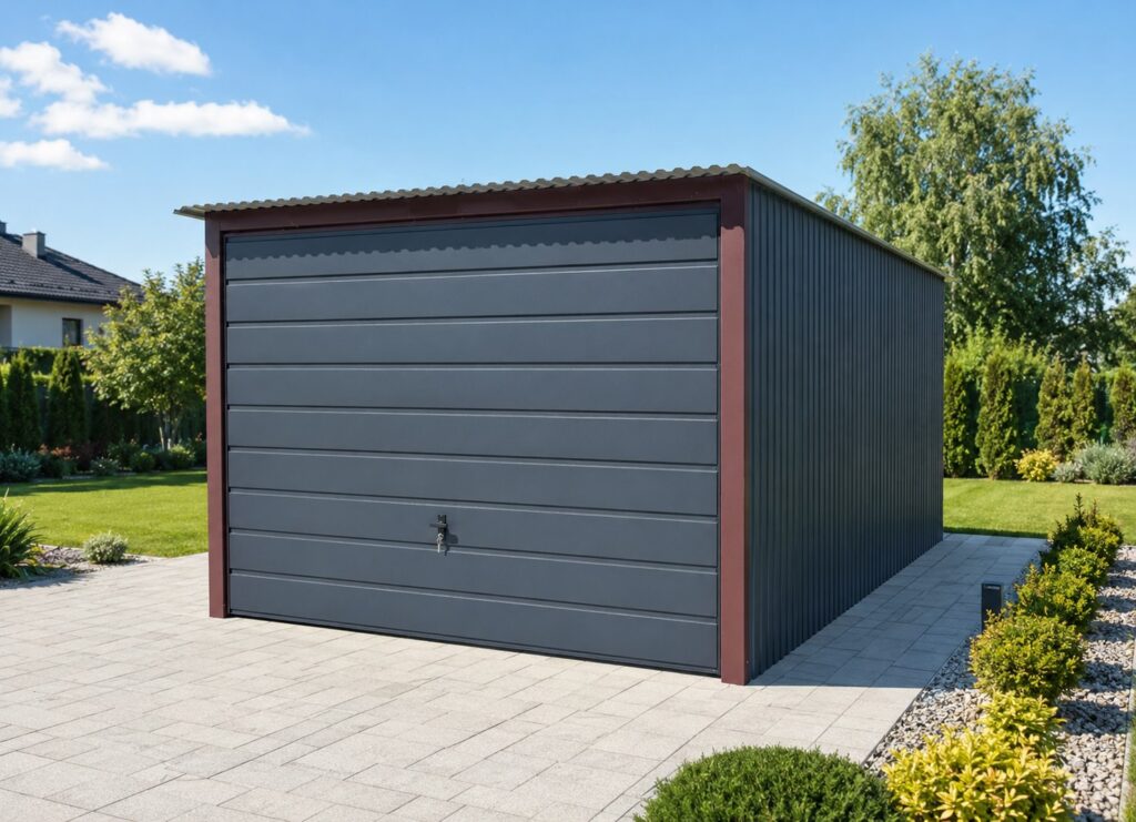 Enkelt stålgarage, reference fra Profit Port