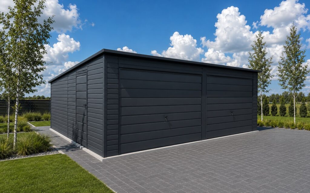 Stålgarage med pulttag, reference fra Profit Port