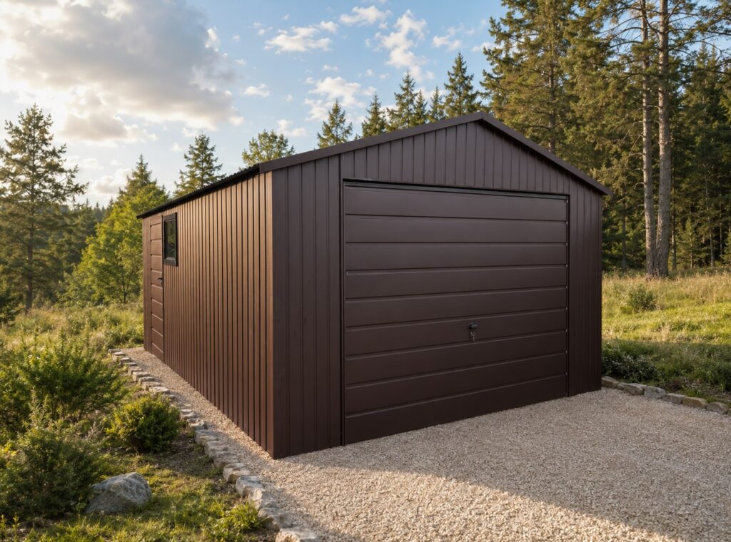 Stålgarage med lodrette trapezplader, reference fra Profit Port